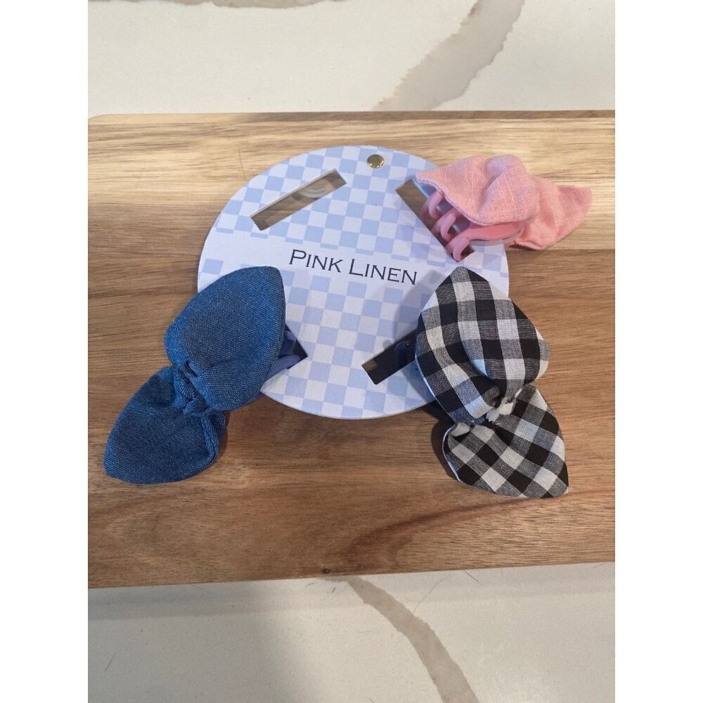 Pink Linen Set of 3 Fabric Hair Clips | Pink · Denim · Gingham | New